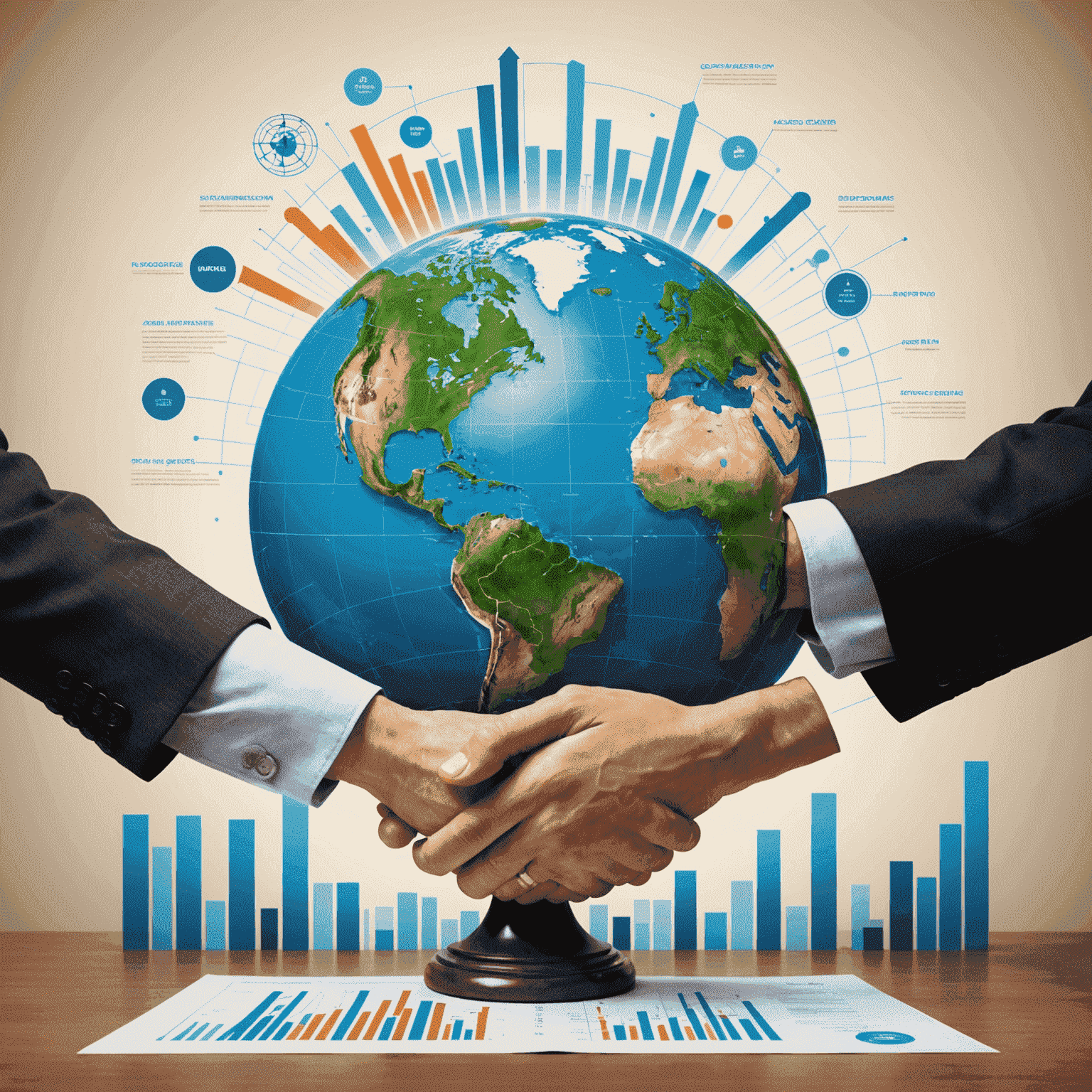 A dynamic image showcasing business growth with ascending graphs, handshake symbolizing partnerships, and a globe representing market expansion