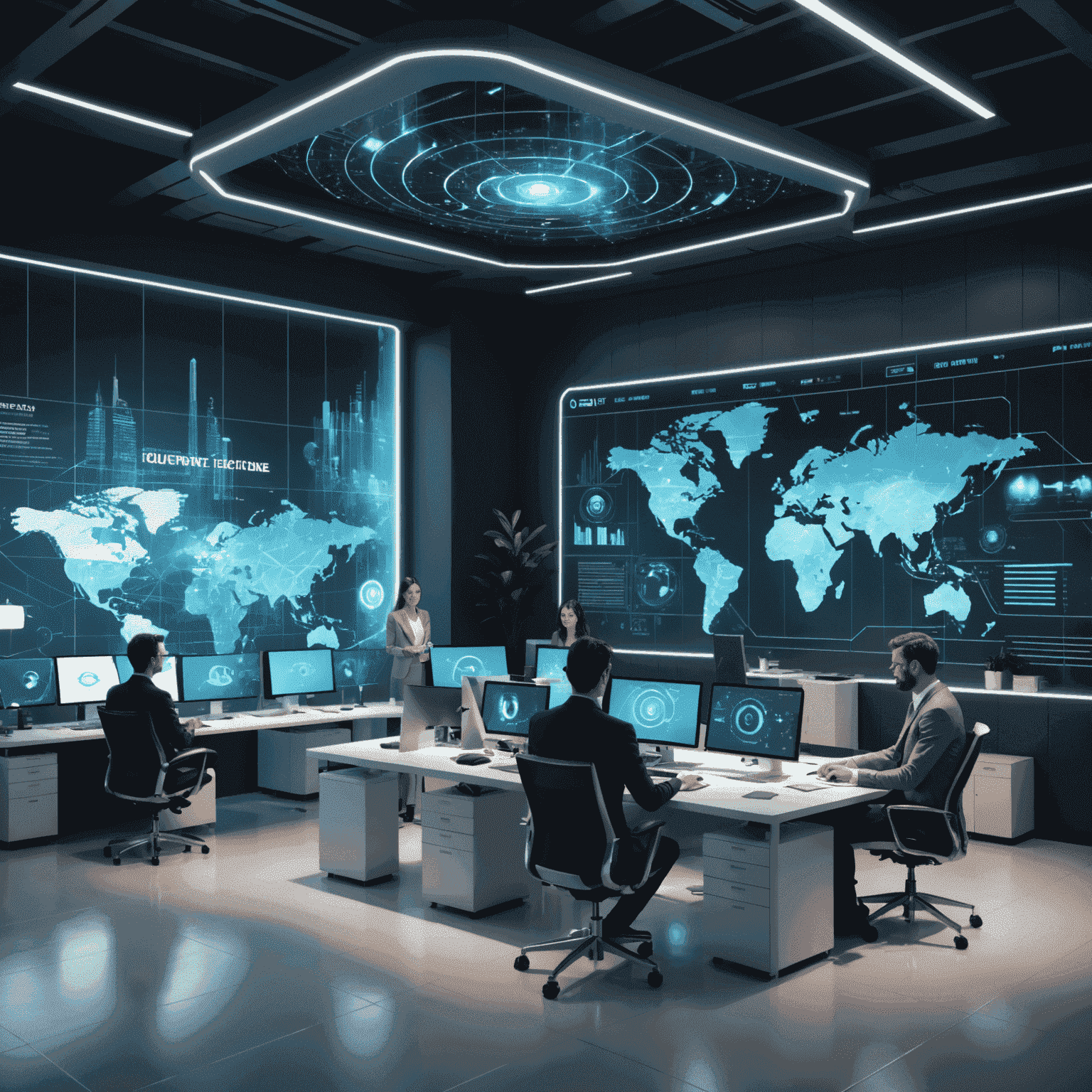 A futuristic office space with holographic displays showing data analytics and employees using advanced technology