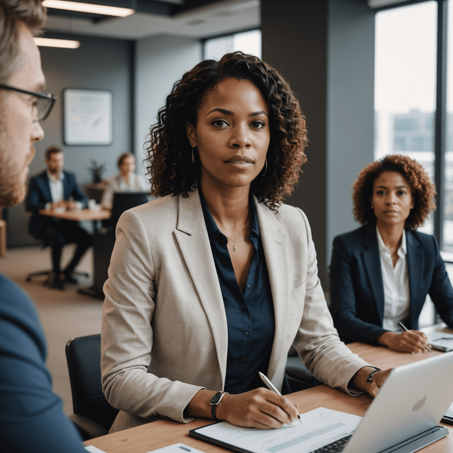 A confident female entrepreneur presenting her innovative B2B consulting platform to a group of attentive business professionals in a modern office setting
