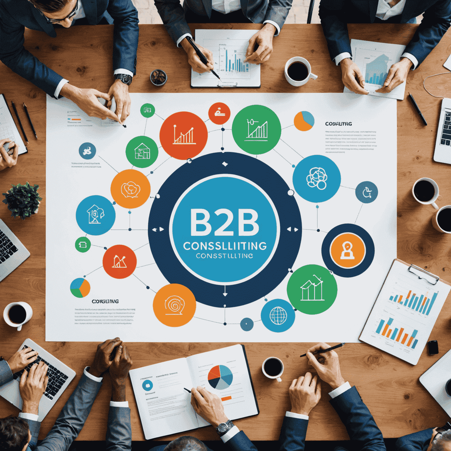 A dynamic graph showing upward trends in B2B consulting, with icons representing different industries and a handshake symbolizing partnerships