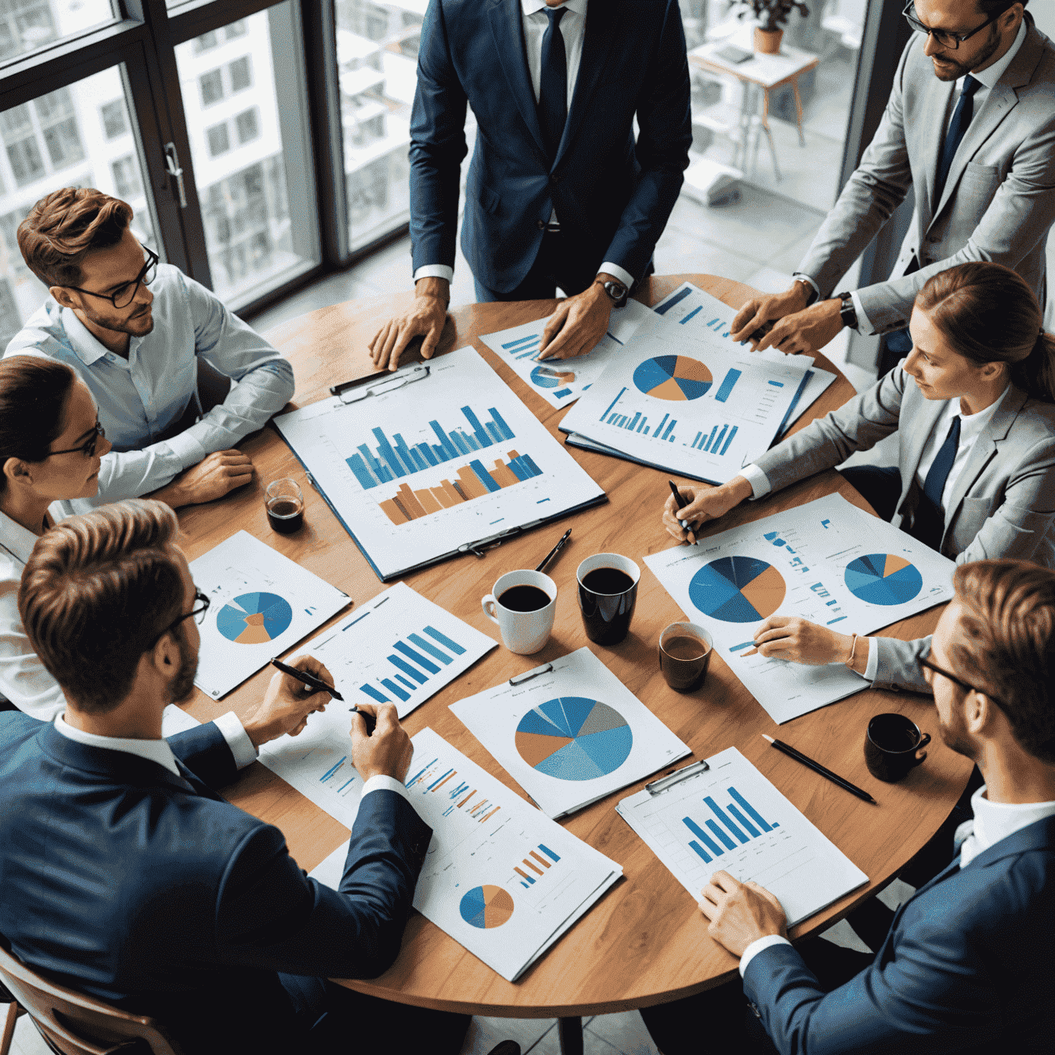 A team of business consultants discussing strategy around a table with charts and graphs, symbolizing expert advice and tailored solutions for business growth