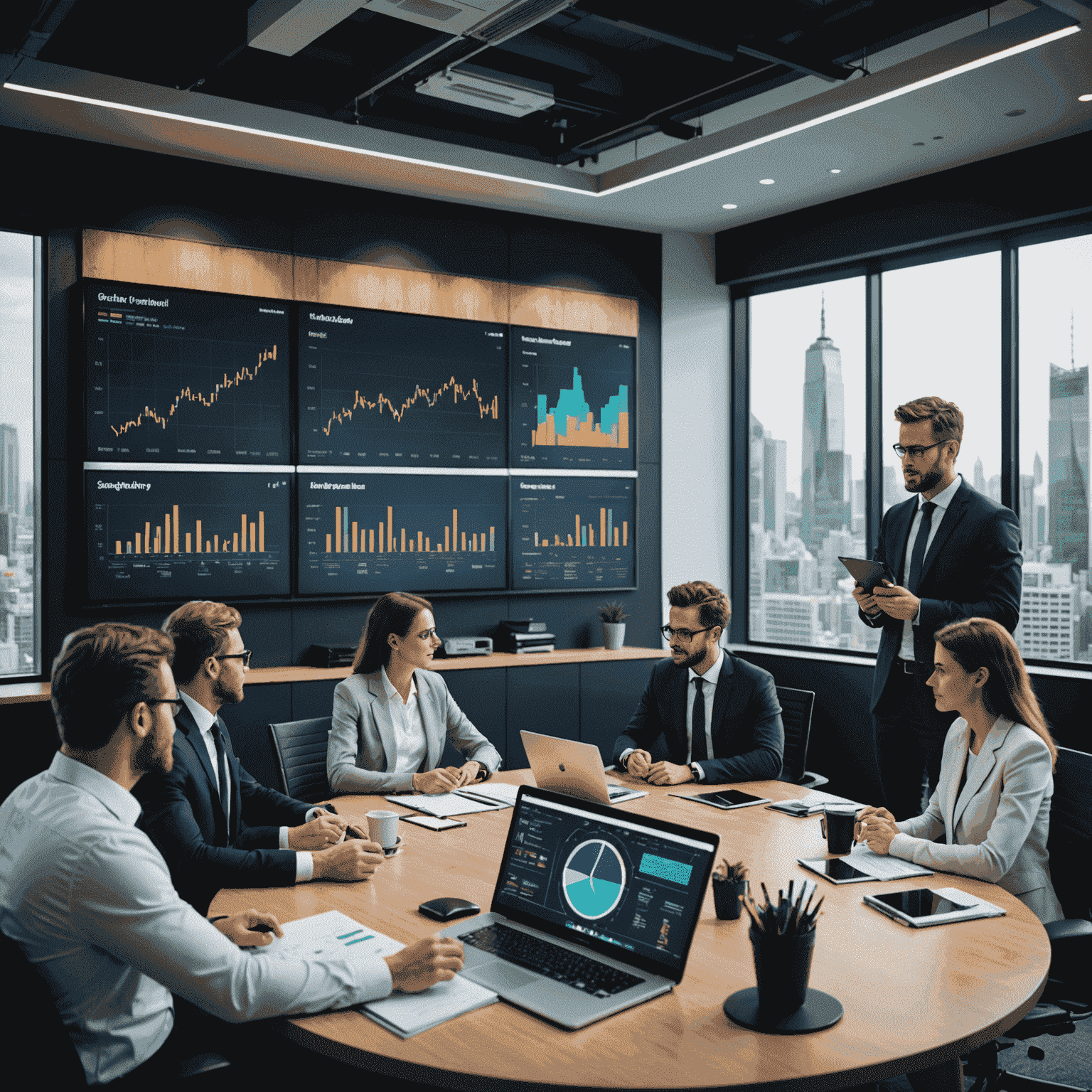 Business professionals discussing strategy around a modern conference table with digital displays showing market data and growth charts