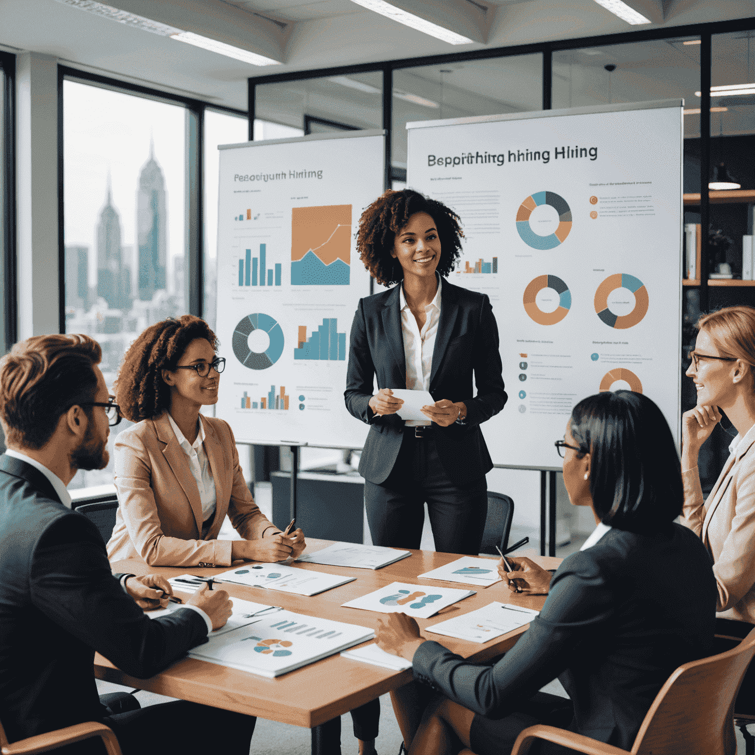 A diverse group of professionals in a modern office setting, representing the recruitment process. The image shows interviewers and candidates engaged in discussions, with infographics displaying various stages of hiring.