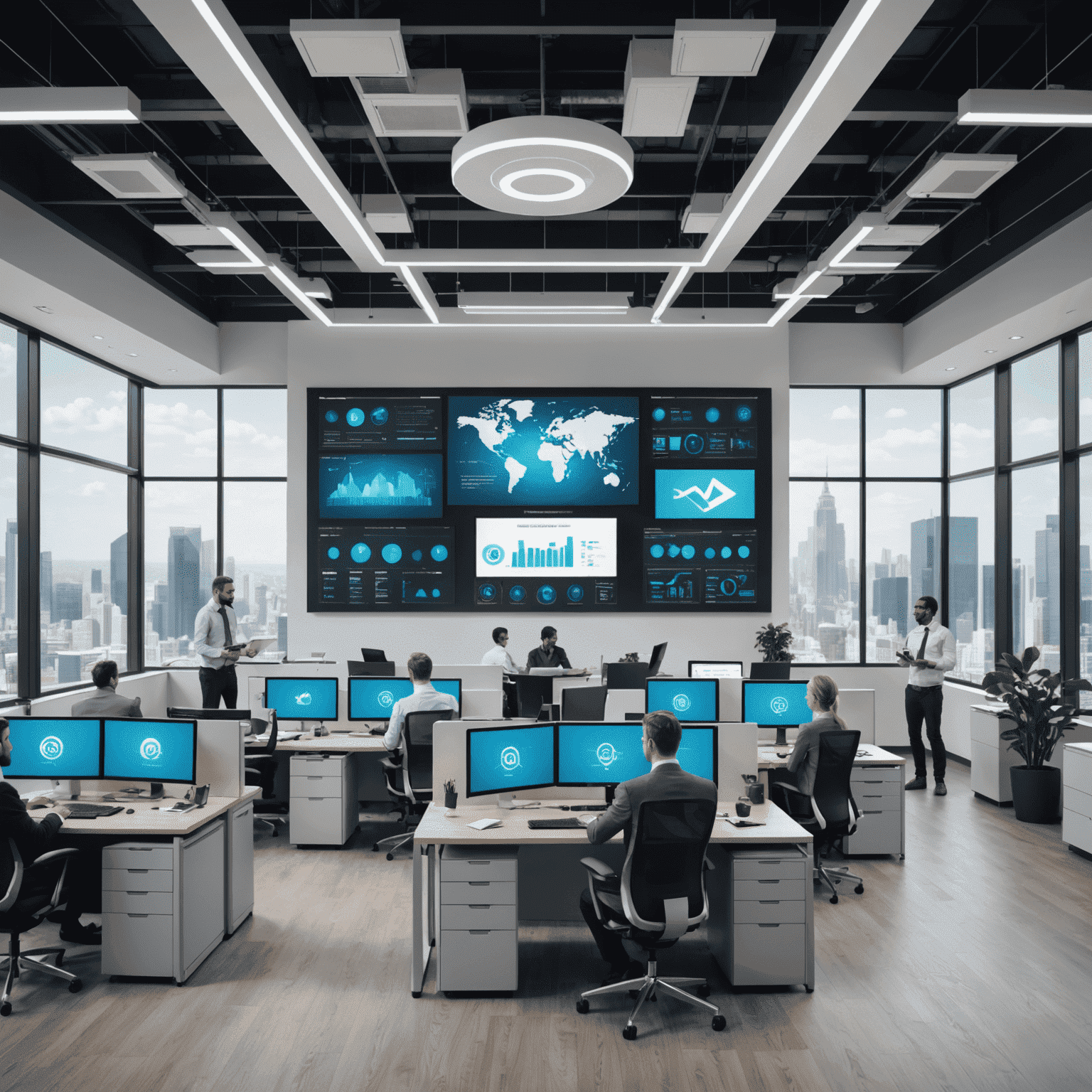 A modern office space with multiple screens displaying data analytics, cloud computing symbols, and employees collaborating using advanced technology. The image showcases a seamless integration of various tech solutions in a corporate environment.