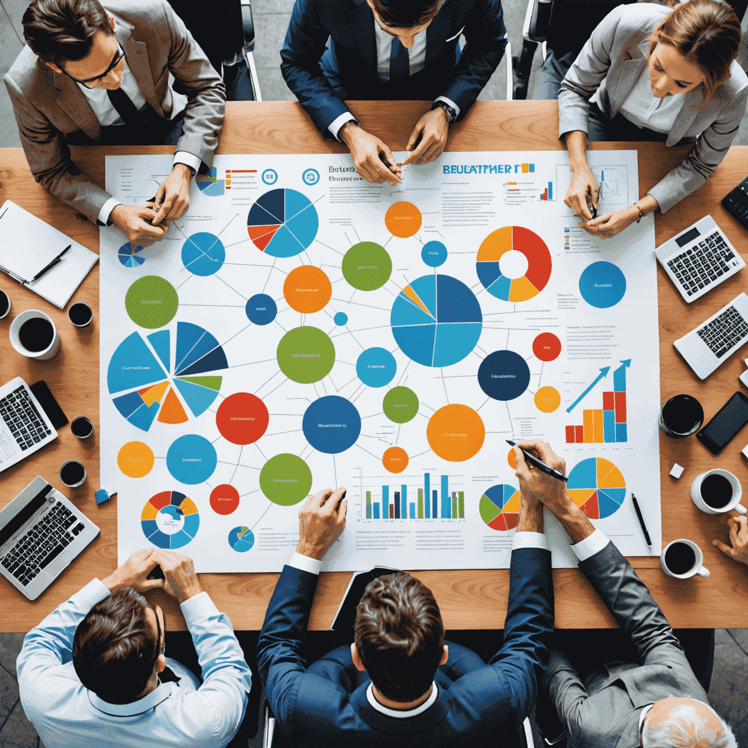 A collage representing various aspects of business development: market analysis charts, team collaboration, and innovative technology