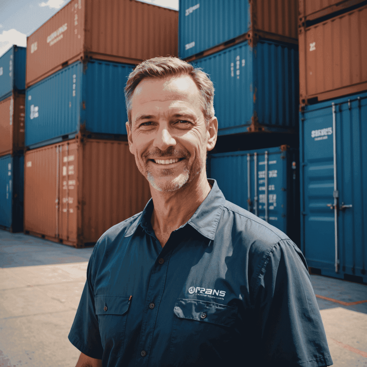 A smiling middle-aged man standing proudly in front of his expanded business facility, with shipping containers and busy workers in the background