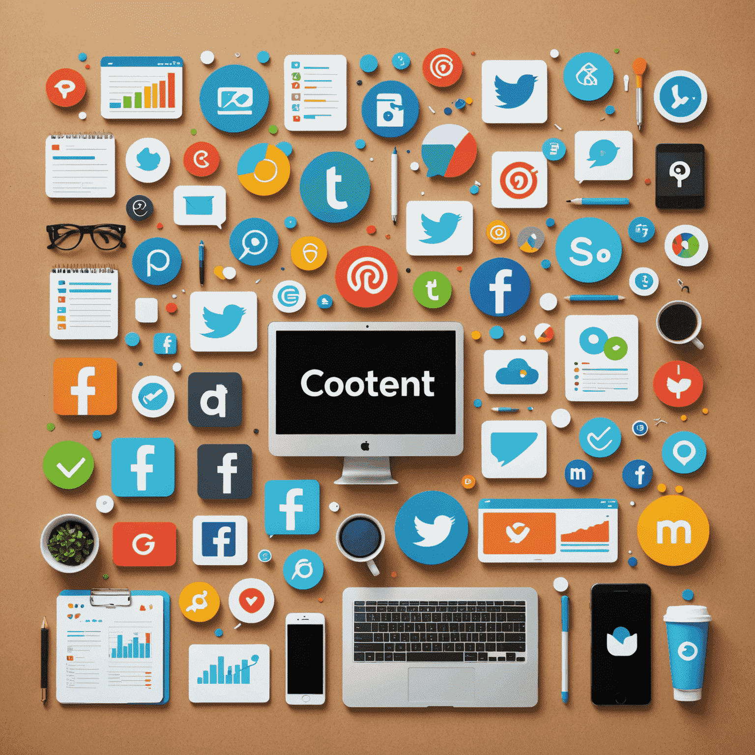 A collage of digital marketing tools including social media icons, SEO graphs, and content creation symbols, representing comprehensive online marketing solutions