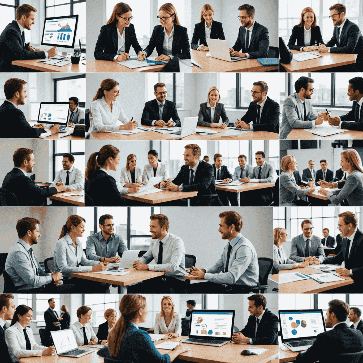 A montage of employees engaged in various training and development activities. The image shows workshops, online courses, and mentoring sessions, illustrating a comprehensive approach to employee growth.