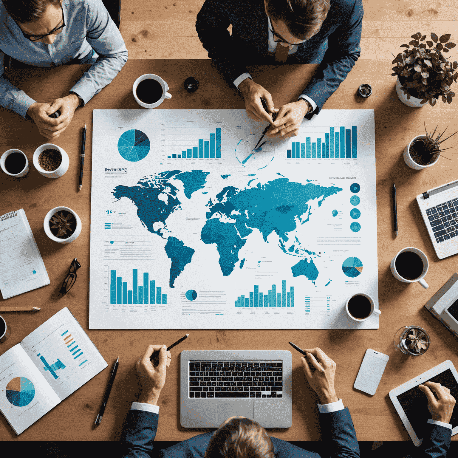 Visual representation of emerging business trends including charts, graphs, and icons symbolizing innovation, technology, and global markets