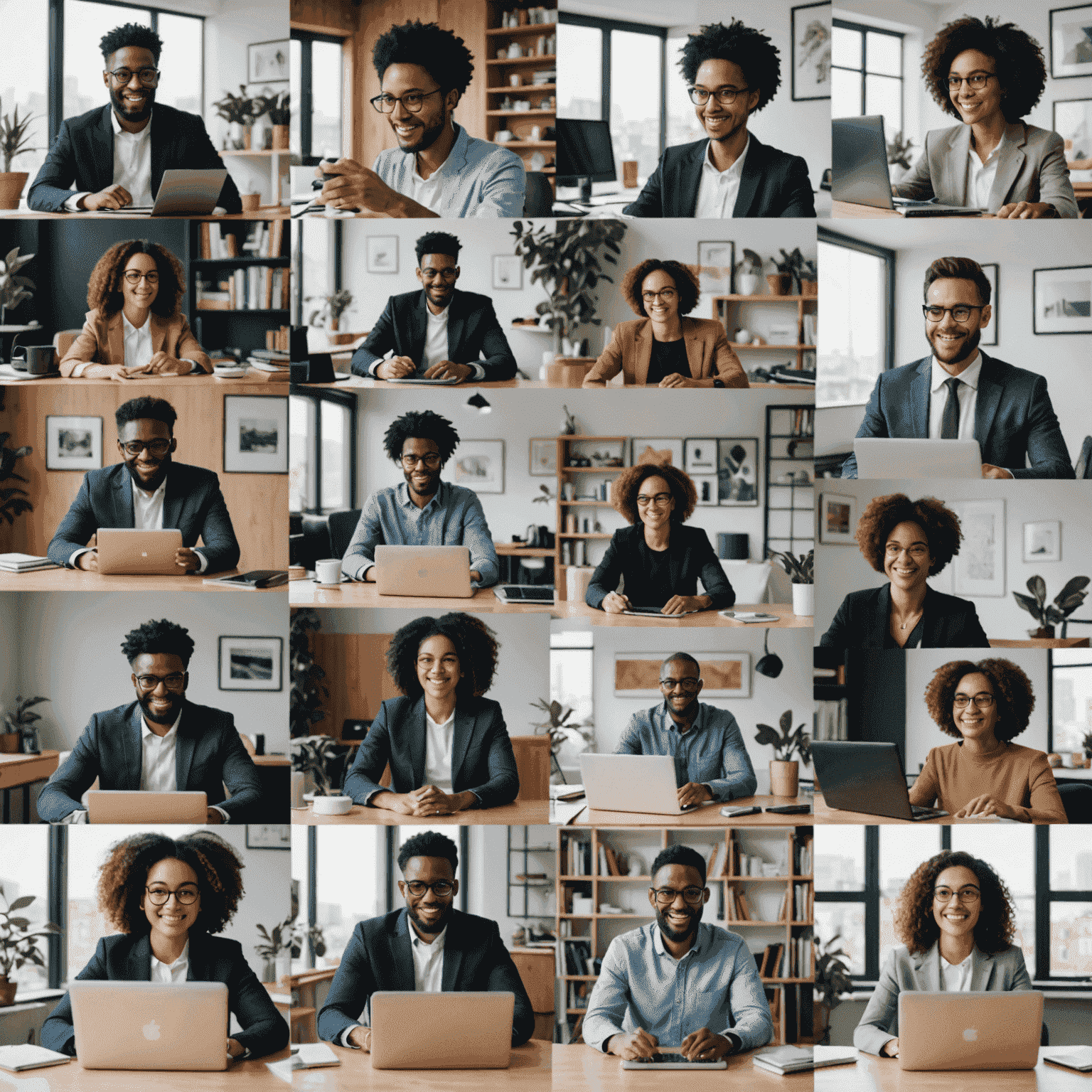 A collage showing diverse professionals working remotely from various locations, using laptops and participating in video conferences