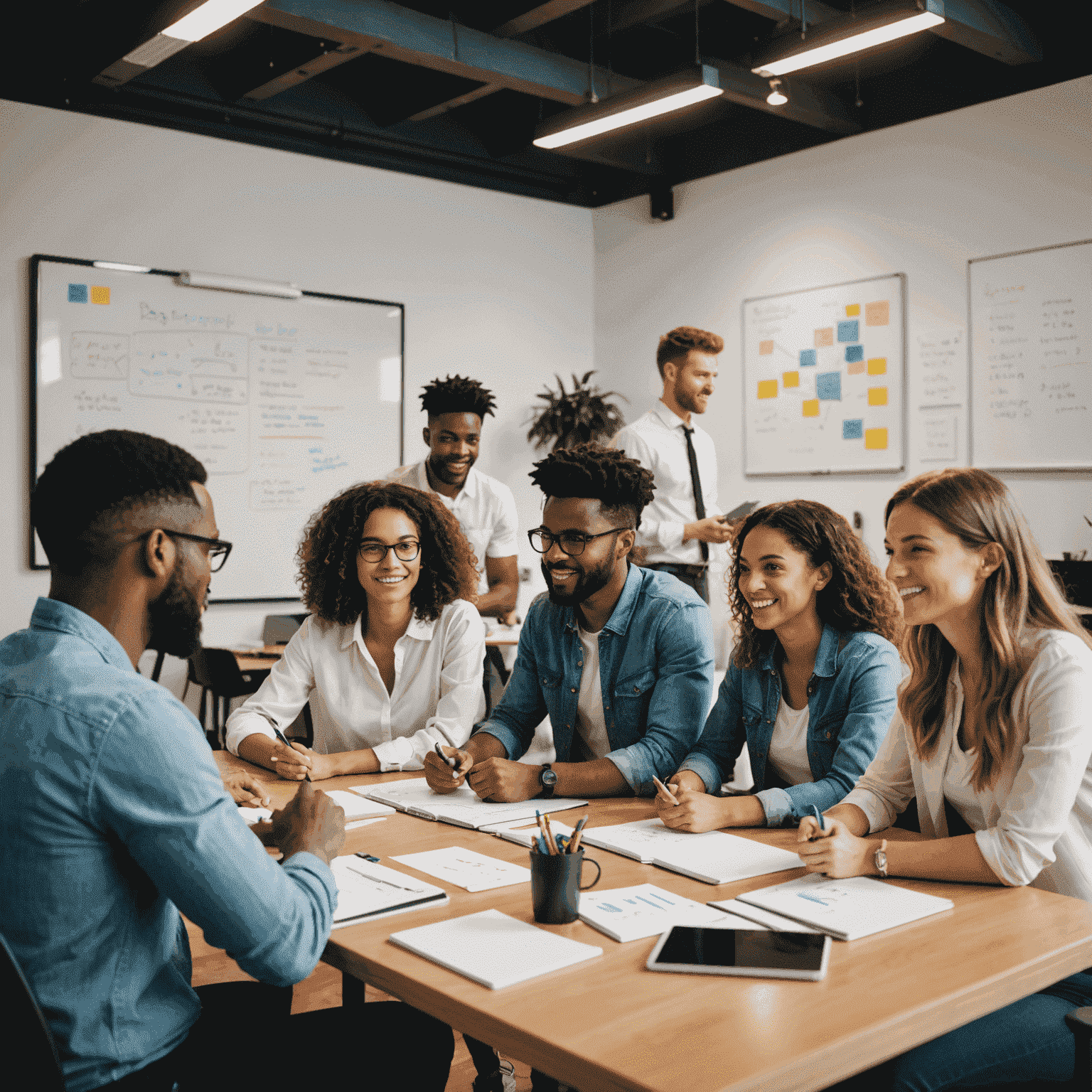 A diverse group of young entrepreneurs engaged in an animated discussion with their consultant in a vibrant co-working space, with whiteboards full of strategies visible