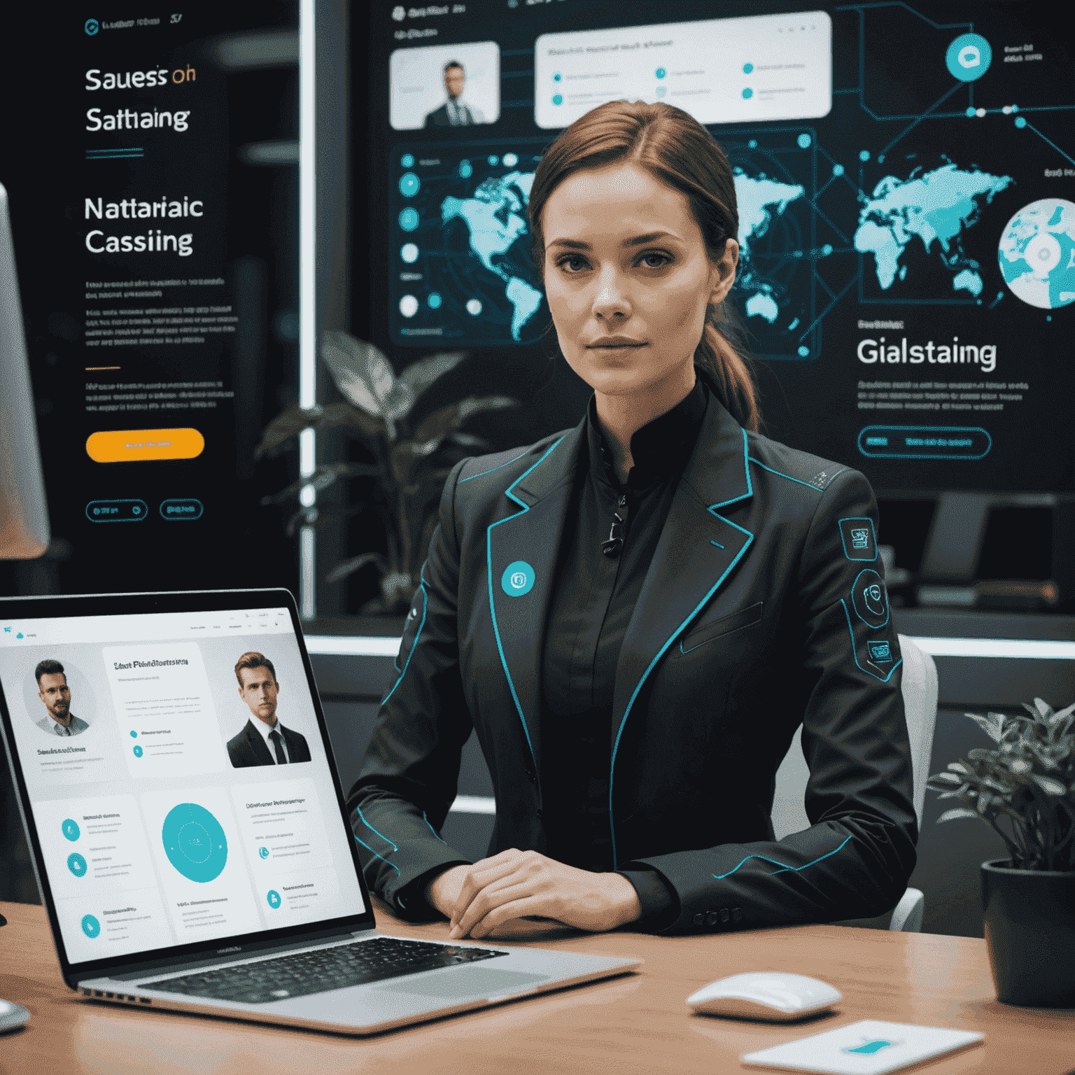 A futuristic interface showing AI-powered sales tools, customer profiles, and personalized marketing campaigns