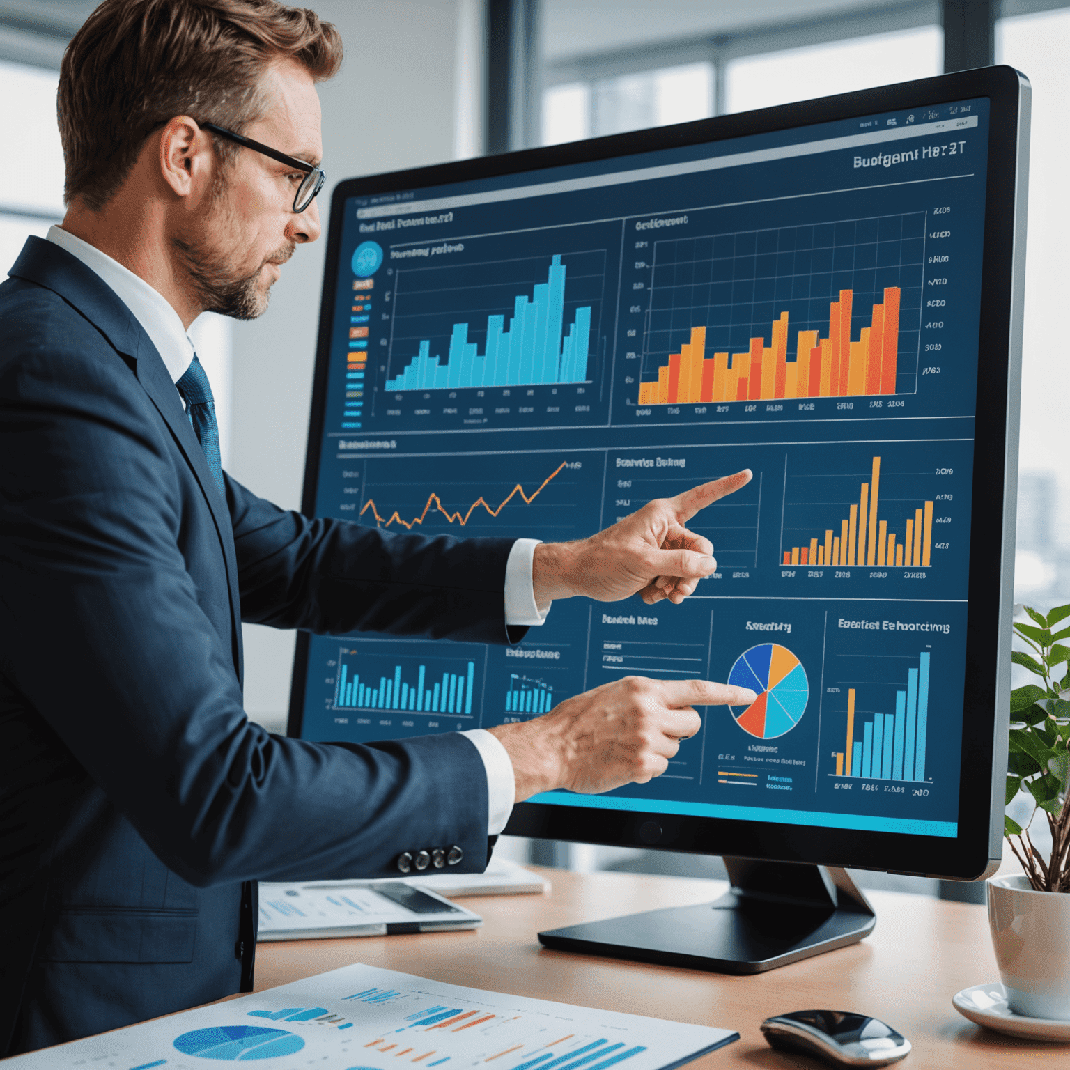 A professional financial advisor pointing at charts and graphs on a digital screen, illustrating budgeting, forecasting, and investment strategies