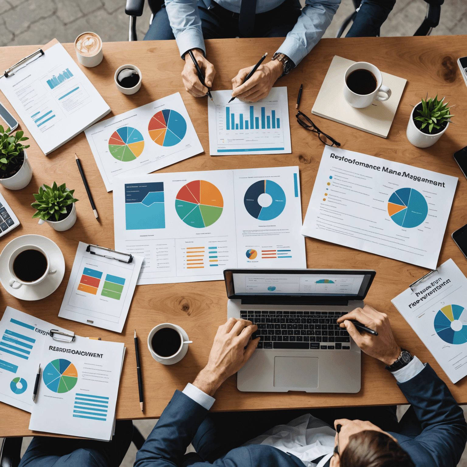 A visual representation of performance management tools and processes. The image includes dashboards with KPIs, feedback sessions between managers and employees, and goal-setting activities.