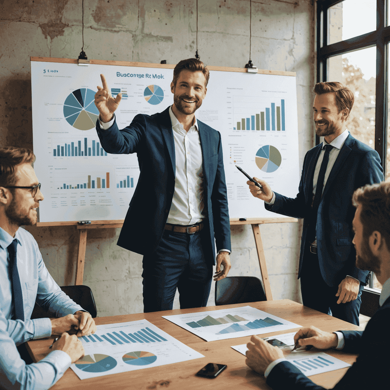 An entrepreneur presenting his sustainable business model to investors, with charts showing impressive growth and positive environmental impact