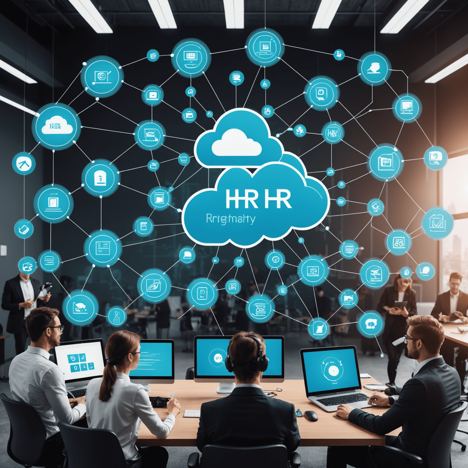 A futuristic display of HR technology integration. The image shows interconnected devices, cloud-based HR systems, and employees interacting with user-friendly HR platforms on various devices.