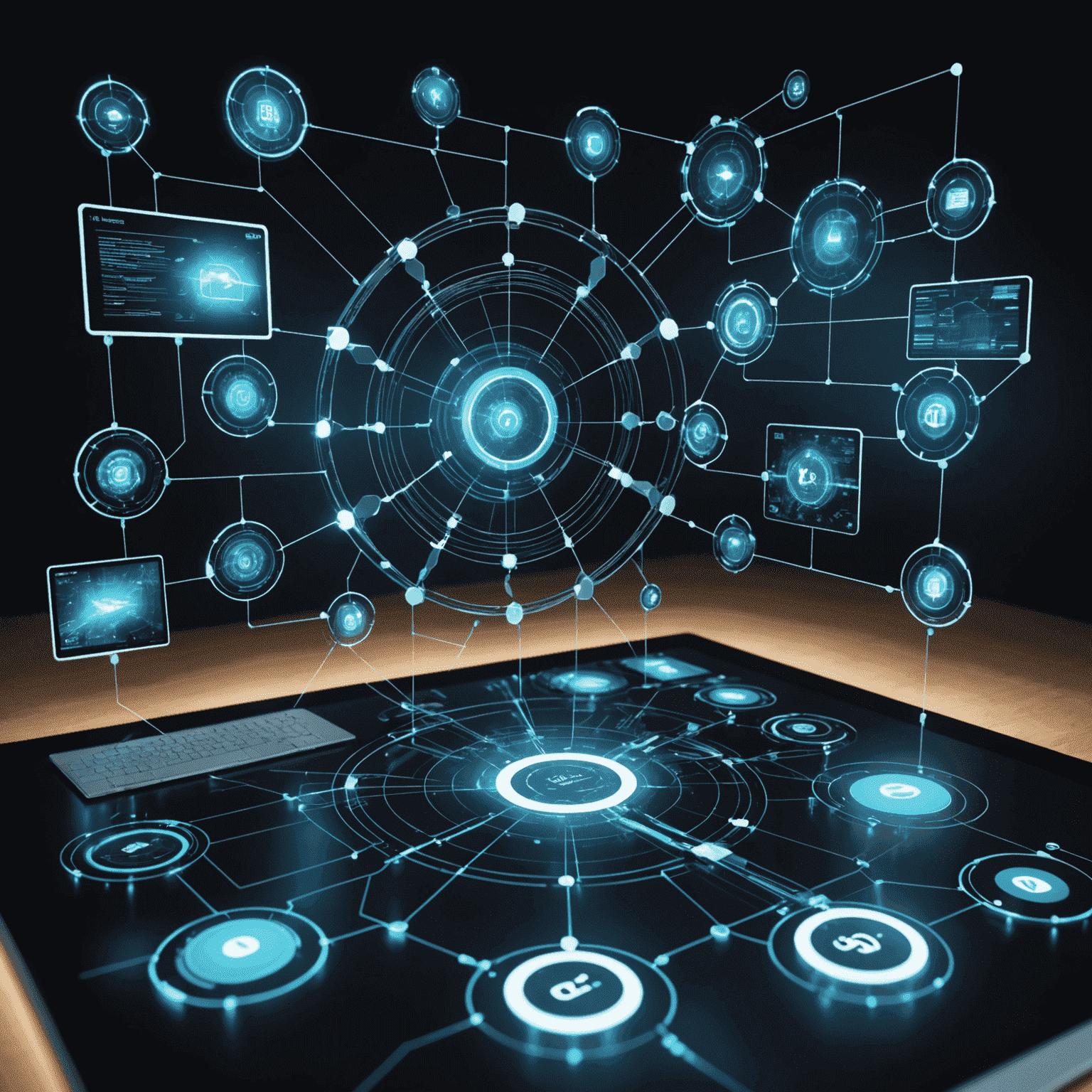 A futuristic display of interconnected devices and data streams, representing cutting-edge technology solutions for business optimization